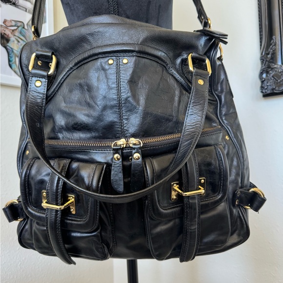 Kate Landry Black Leather Shoulder Bag with Gold Accents - Picture 2 of 12